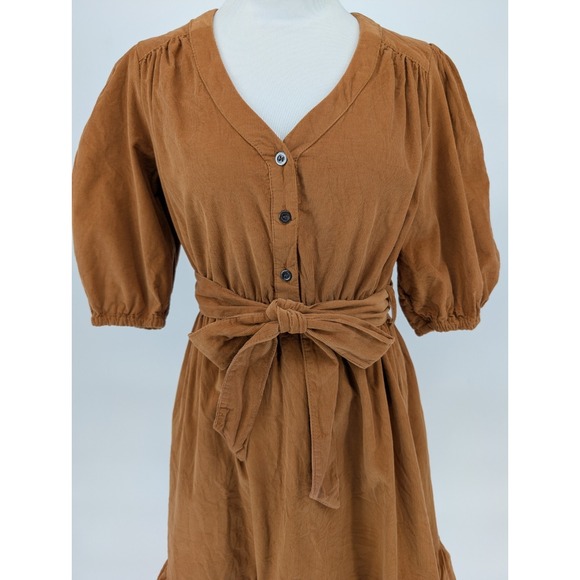 Lucky Brand Brown‎ Corduroy Ruffle Hem Mini Dress M Boho Cottage Indie Festival - Picture 3 of 14